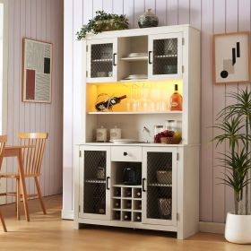 70" Kitchen Pantry Storage Cabinet Rustic Buffet Cabinet, Kitchen Hutch Cabinet with LED Outlets Food Pantry Cabinet with Doors and Shelves Wine Rack