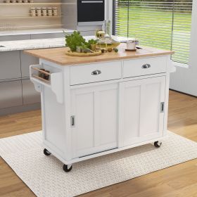 Kitchen Cart with Rubber wood Drop-Leaf Countertop, Concealed sliding barn door adjustable height,Kitchen Island on 4 Wheels with Storage Cabinet and (Color: as Pic)